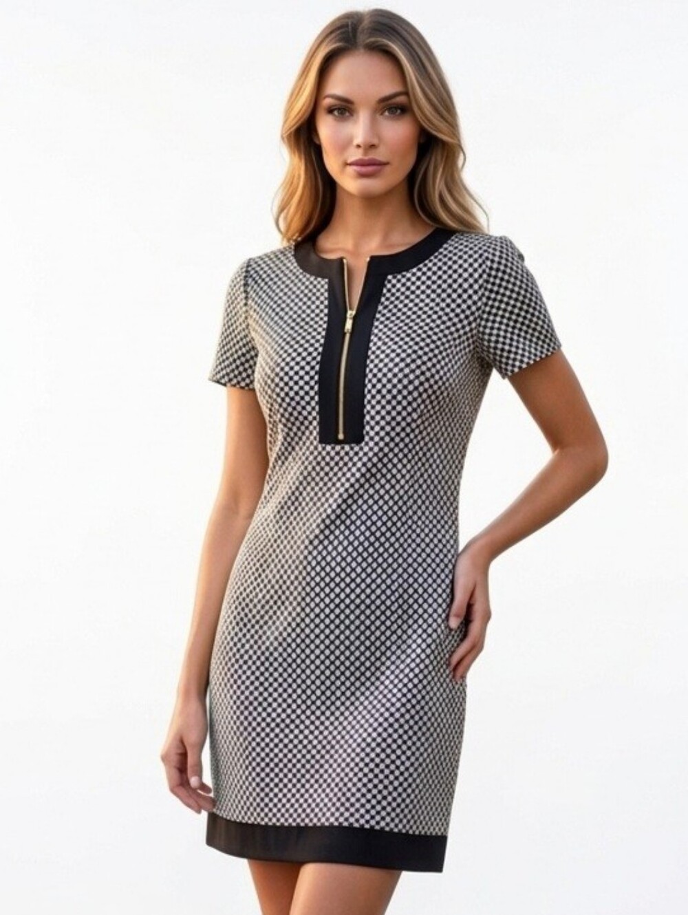 Tahari Arthur S. Levine Chevron Short Sleeve Zip Shift Dress Sz 16 Mod Workwear